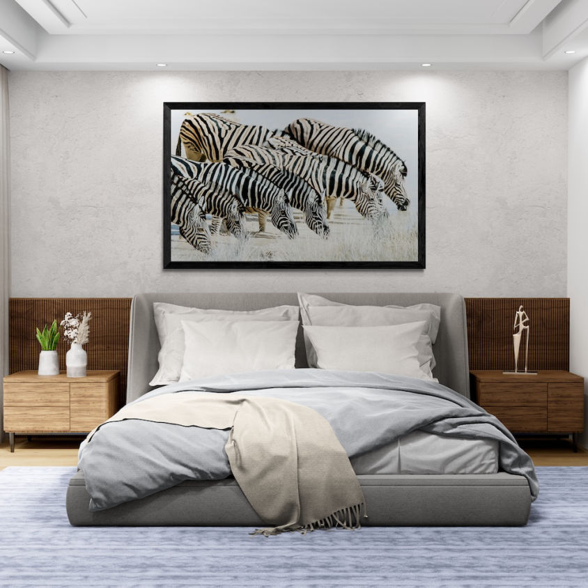 Framed print of Zebra on bedroom wall